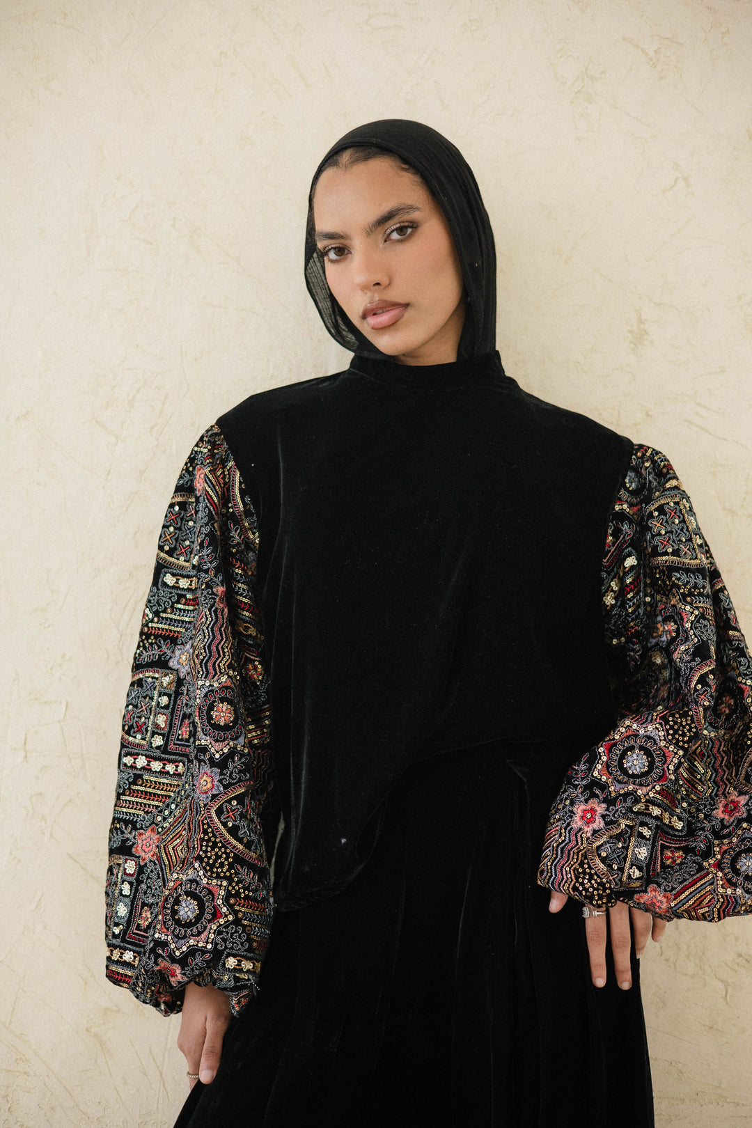 EMBROIDERED SLEEVE VELVET TOP (Geo Floral)