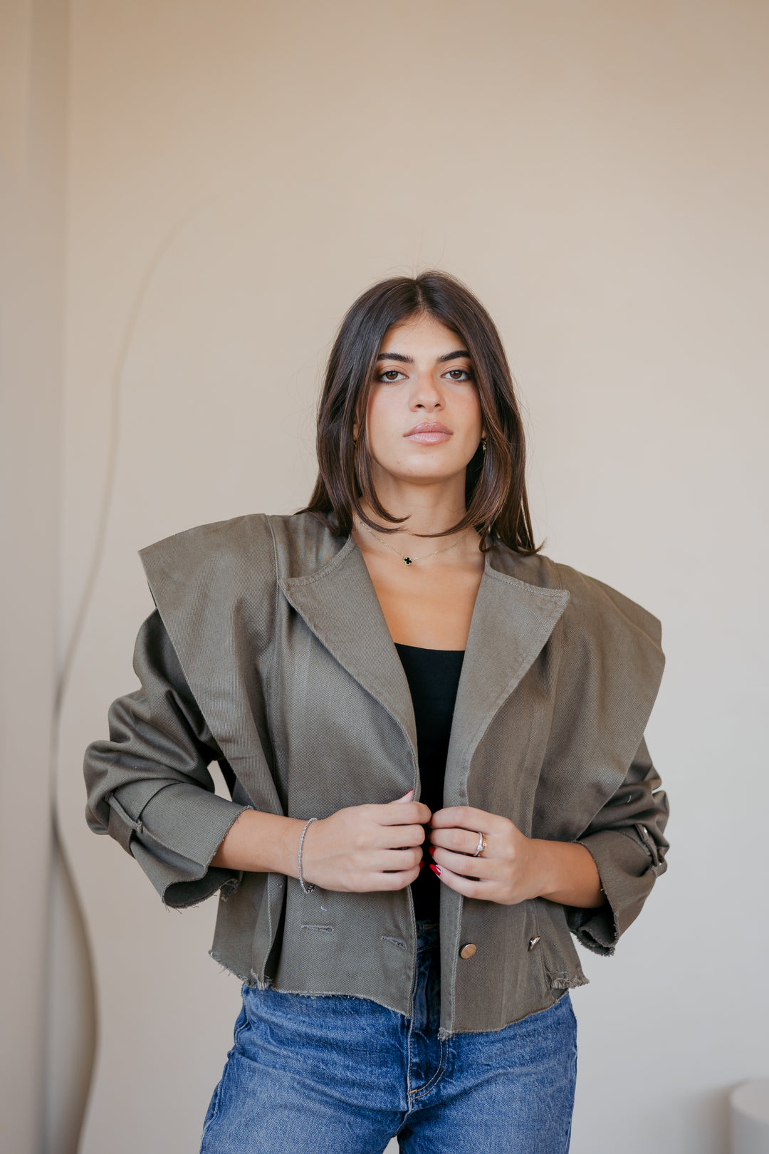 Cropped bold shoulders jacket