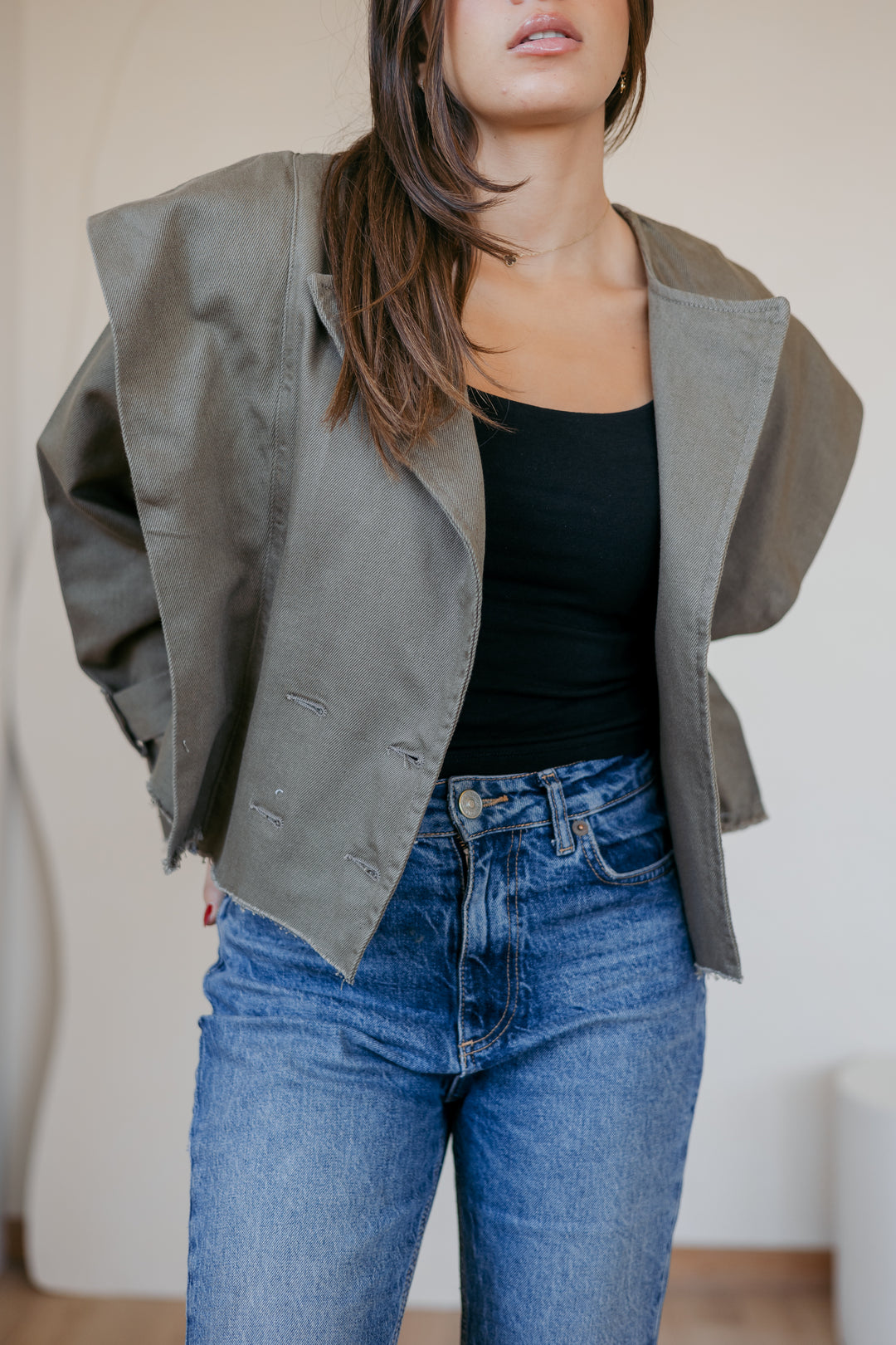 Cropped bold shoulders jacket