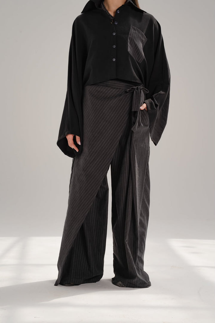 Striped Wrap Pants - Black