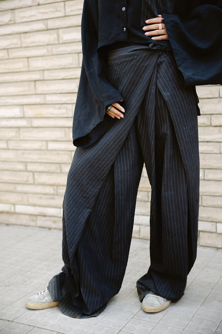 Striped Wrap Pants - Black
