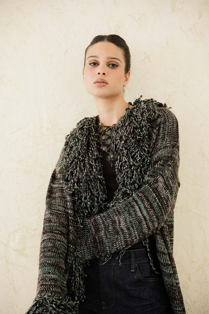 Earth-Tone Fringe cardigan