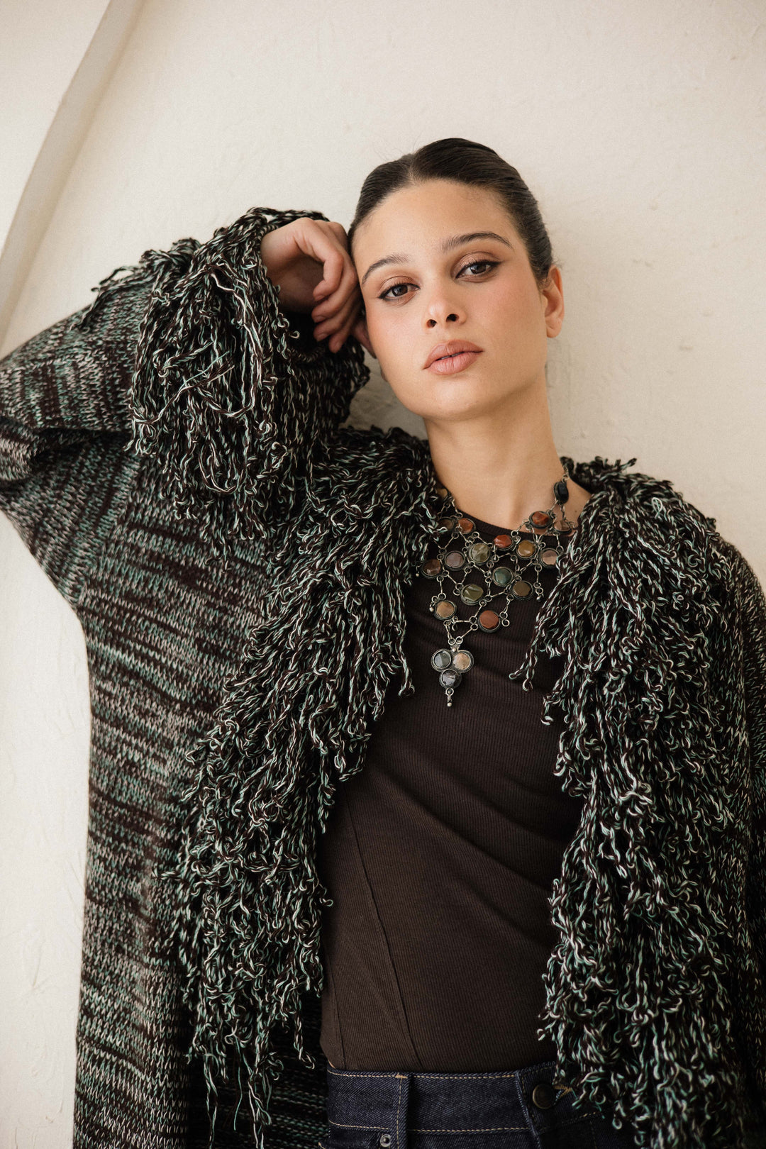 Earth-Tone Fringe cardigan