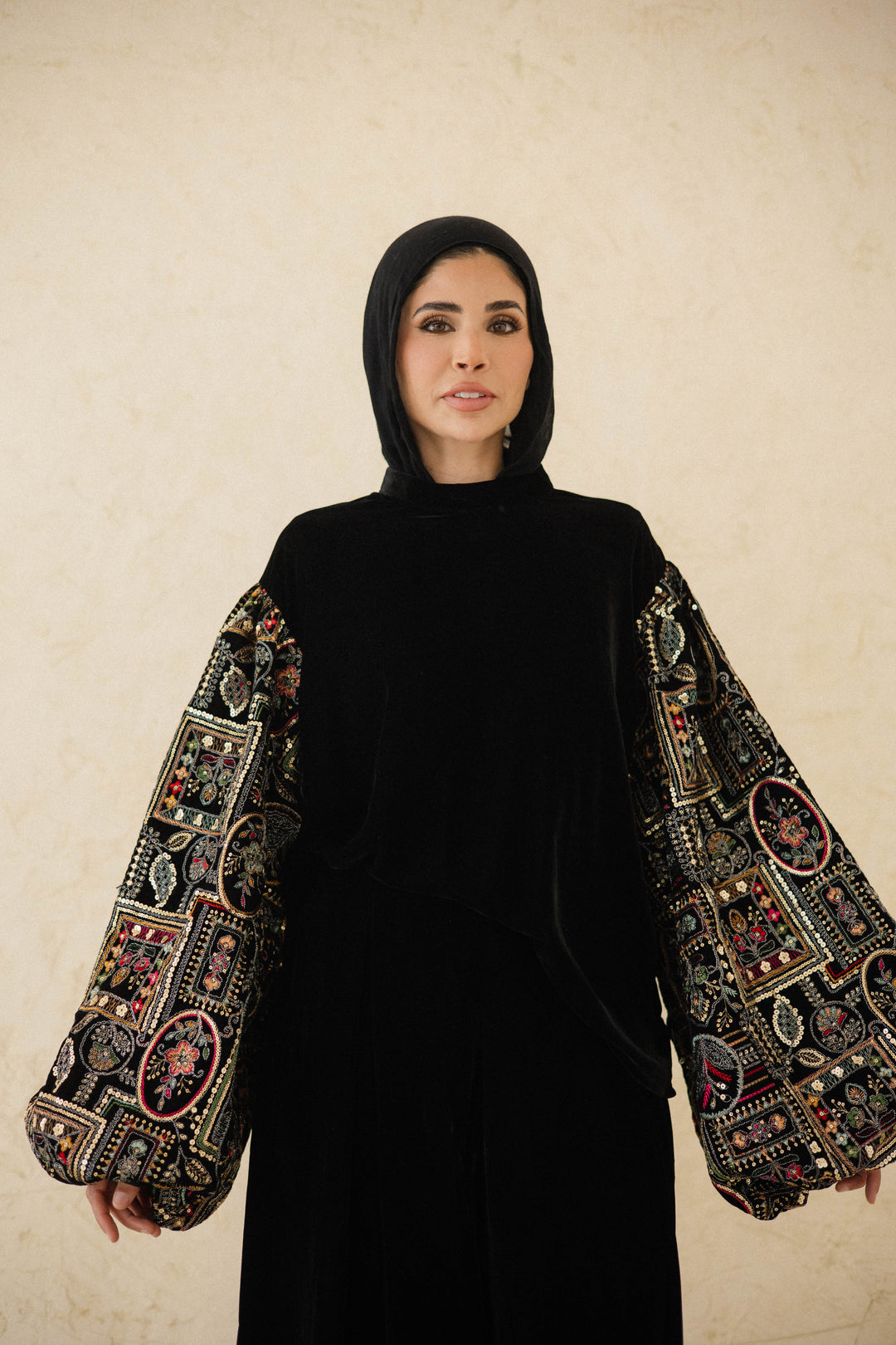 EMBROIDERED SLEEVE VELVET TOP (Geo Floral)