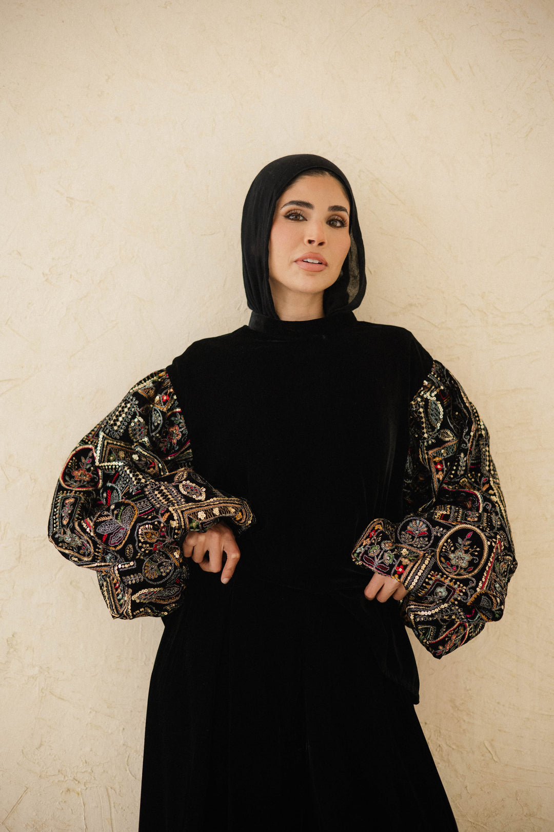 EMBROIDERED SLEEVE VELVET TOP (Geo Floral)